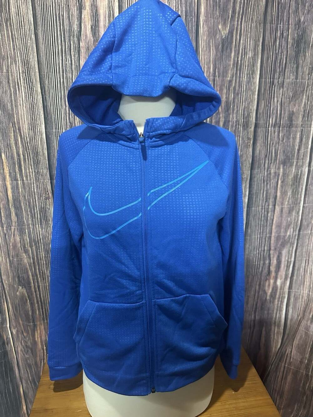 Nike Kids Dri-FIT Full Zip Hoodie Blue Swoosh Graphic Sweatshirt Size Lg